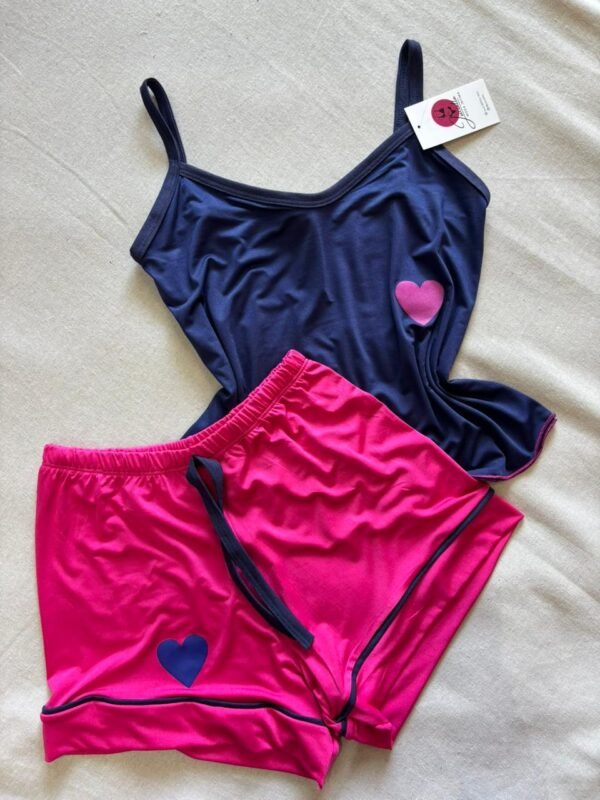 Pijama Coração Azul Marinho e Pink Jucialle Tamanho ( M )
